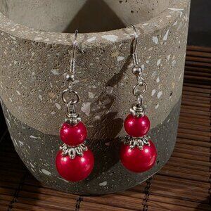 Handcrafted Red Antiqued Silver Glass Pearl Drop Earrings